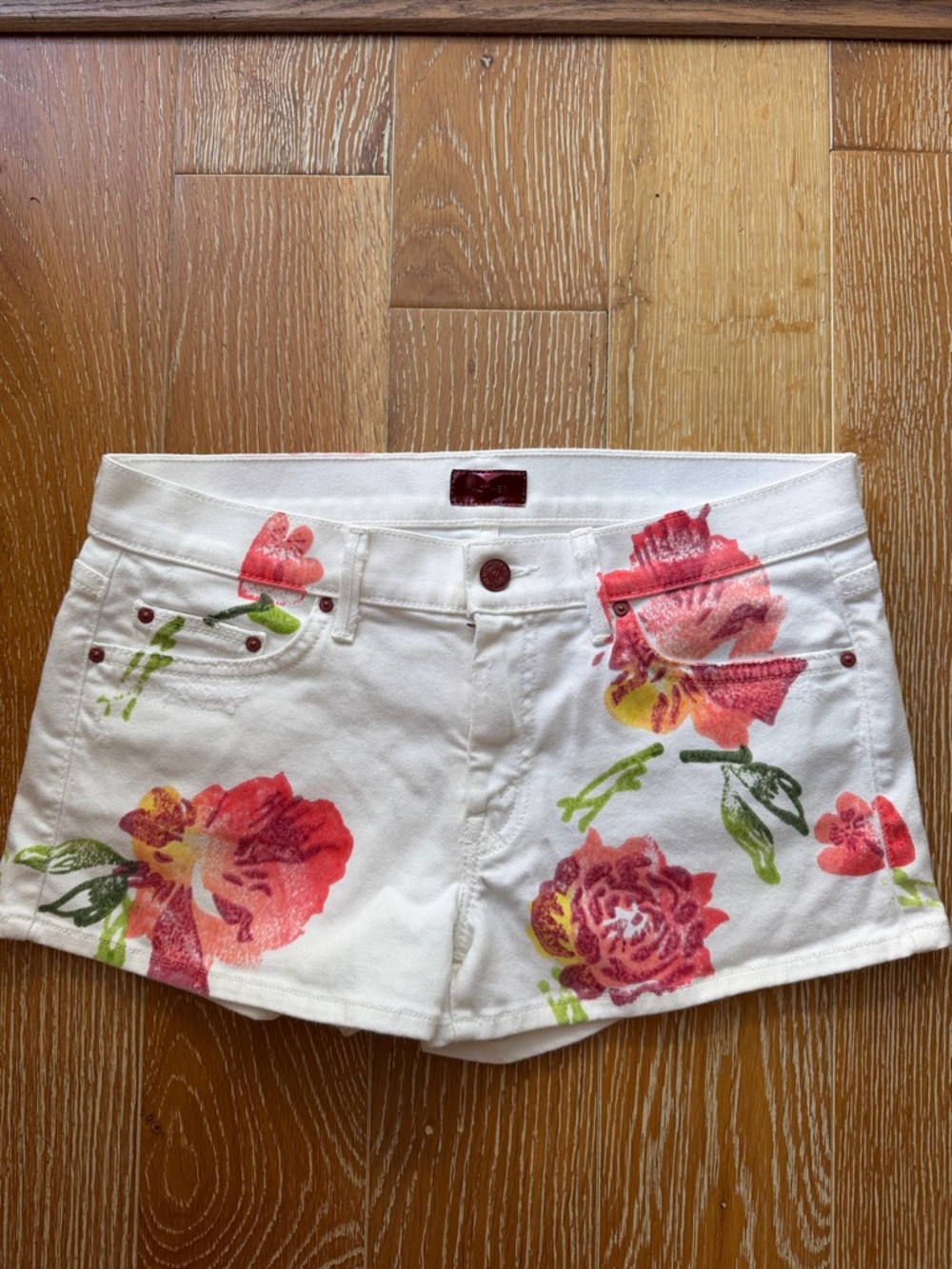 MOTHER White Floral Denim Shorts with Pink & Red Roses
